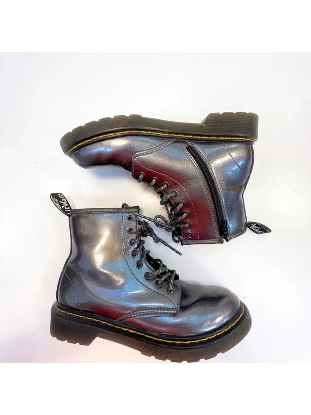 Dr. Martens Patent Leather Grey Combat Boots, Size 4